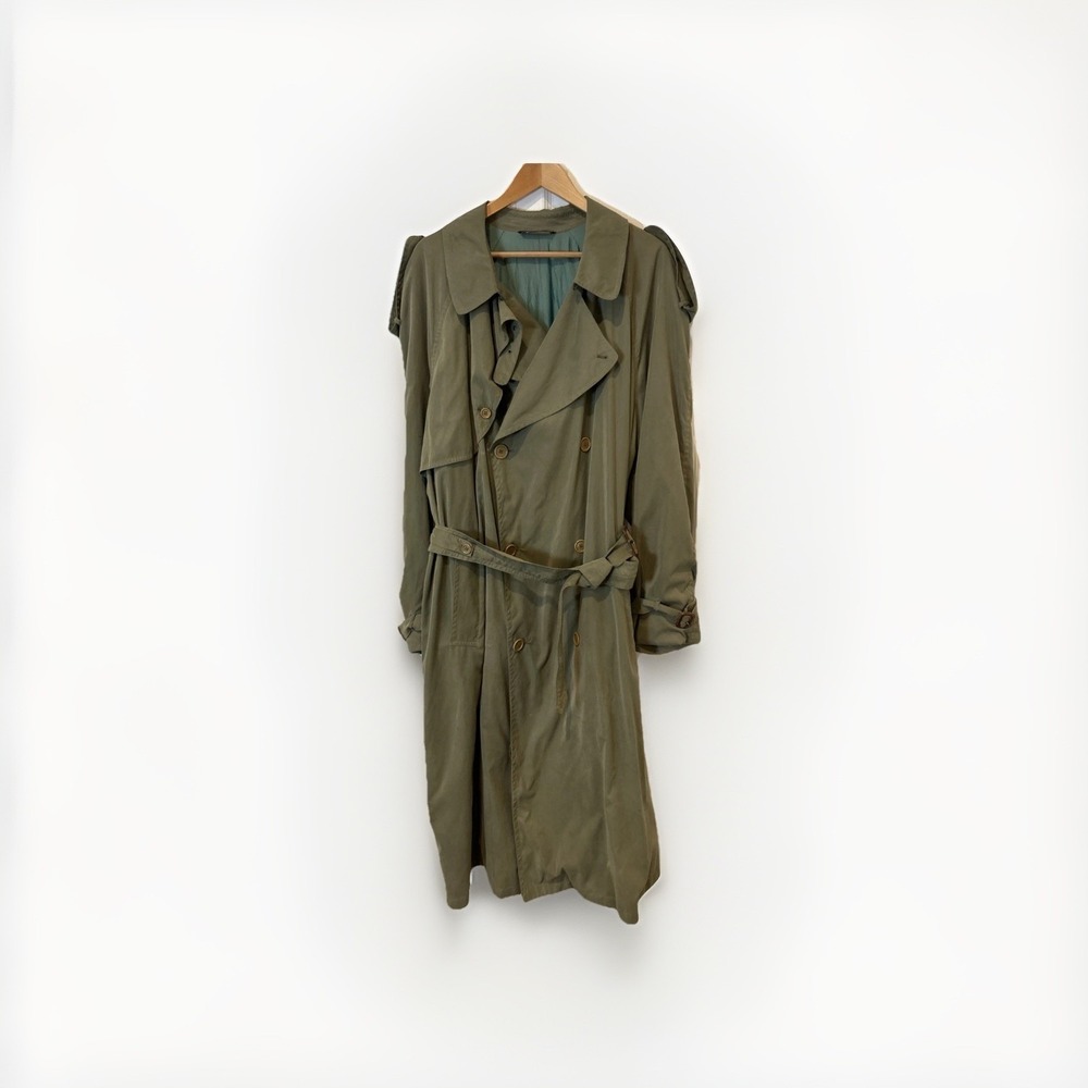 Zegna Trench Coat Mens 46R Green Double Breasted Belted Long Overcoat